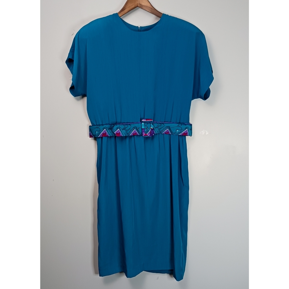 F.T. Ltd. Vintage Midi Dress Women Size 16 Blue Belted Short Sleeve 80's Retro